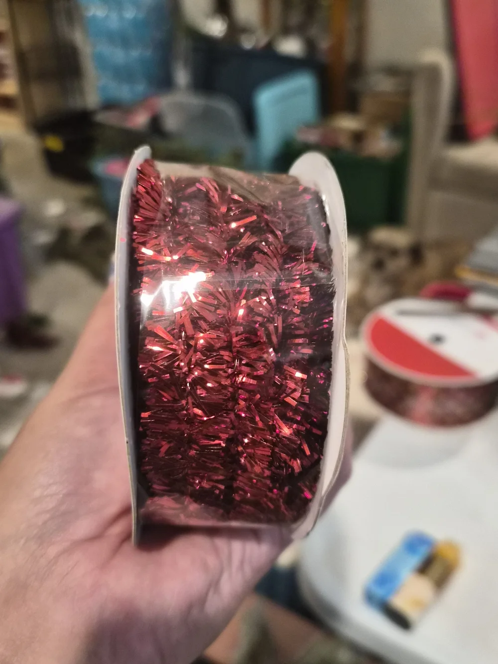 Celebrate It Red Metallic Tinsel Wired Ribbon, 5/8 in x 30 ft Christmas Garland